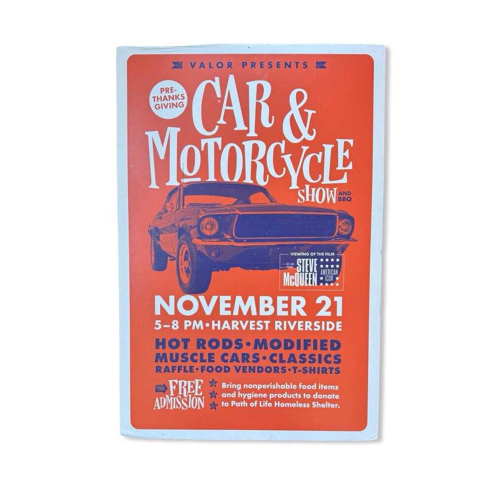 Steve McQueen Bullitt Car Motorcycle Show Sign XLarge Vintage Garage Decor EUC